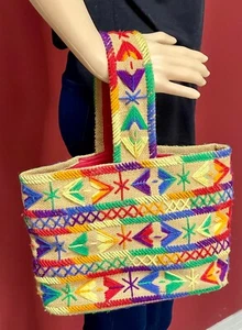 Vintage Boho Burlap Purse Bag Rainbow Yarn Hand Bag Tote Hippie EVC A - Picture 1 of 9