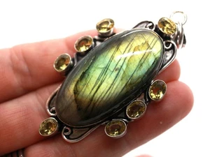 GJ69 GW XL LABRADORIT OVAL &  CITRIN ZIRKONIA ANHÄNGER+ *TOP* +KETTE / LEDER! - Bild 1 von 7