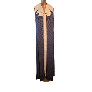 Vintage 70er Polka Dot Kleid dunkelblau lang Band Kragen V-Ausschnitt ärmellos Maxi - Bild 1 von 9