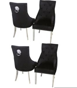 Black Velvet Dining Chairs Set Of 4 Bentley Chrome Legs Lion Knocker - Picture 1 of 9
