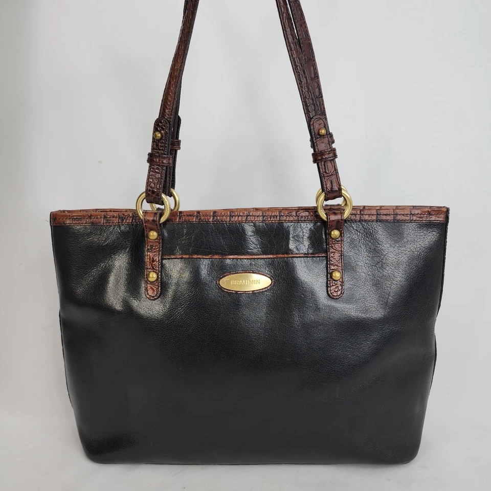 Brahmin Tote Shoulder Bag Black Brown Croc Embossed Leather Satchel Golden H - Image 1 of 4
