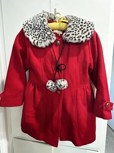 Vintage roter Woll-Damen-Kurzmantel Größe 6 ~ Schneeleopardenkragen/Bommeln Reißverschlussfutter - Bild 1 von 14