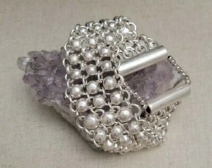 Kenneth Cole New York Chainmail Link Beaded Distressed Silver Tone Link Bracelet - Picture 1 of 7