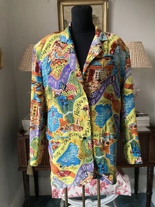 Ladies 80s silk jacket vintage 10 graphic Maps Brett Harrison M Box Jacket - Picture 1 of 13