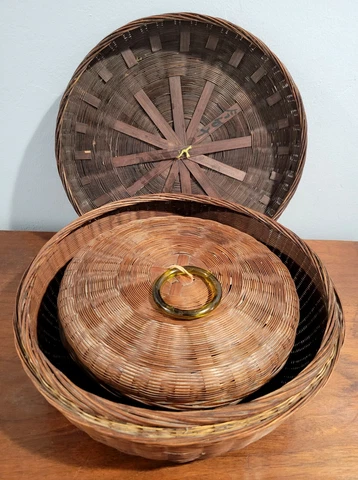 Antique Wicker Sewing Baskets - Signed Nesting Pair, 9" and 11-1/2" Cover