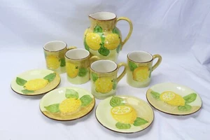 Italy Lemon Pitcher 10-1/4" 4 Mugs 4-3/4" 4 Plates 8"  Lot of 9 - Picture 1 of 12