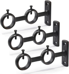 Adjustable Double Curtain Rod Brackets, 3-Pack, Wall Mount, Black - Picture 1 of 12