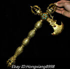 18? Old China Bronze 24K Gold Inlay Gem Buddha Pattern Dragon Head Arms Hatchet