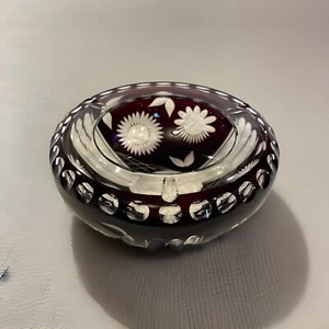 VTG Cut To Clear Cranberry Ruby Red 6” Glass Ashtray Flowers Bohemian Chic GUC - Picture 1 of 23
