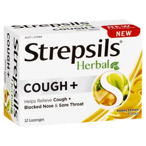Strepsils Herbal Cough+ 32 Lozenges - Honey Lemon Flavour Sore Throat - Picture 1 of 2