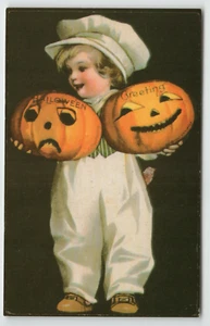 Postcard Halloween Boy Holding a Sad Pumpkin and Happy Pumpkin Reproduction - Picture 1 of 2