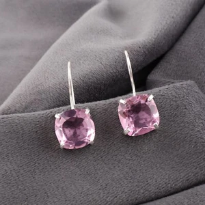 Morganite Gemstone Stud Style Hook Earrings 925 Sterling Silver Handmade Jewelry - Picture 1 of 5