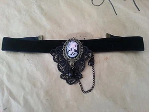LADY SKELETON SKULL CAMEO Black Velvet Choker Pendant Necklace GOTHIC GOTH - Picture 1 of 2
