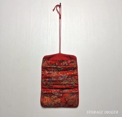 Vintage Red Gold Satin Embroidered Folding Cosmetic Makeup Jewelry Pouch Purse - Image 1 of 4