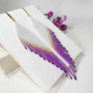 Tribal Earrings Native Large Boho American Seed Beads Handmade Earring - Picture 1 of 2