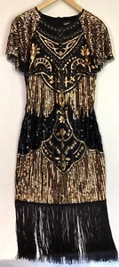 BABEYOND TRULY TIMELESS Women's M Black Gold Sequin 1920s Flapper Fringe Dress - Picture 1 of 20