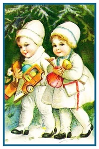 Boy and Girl with Toys Ellen Clapsaddle Clapsaddle Counted Cross Stitch Pattern - Picture 1 of 1