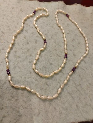 AMETHYST & RICE PEARL & 14K GOLD BEAD NECKLACE (DR) - Image 1 of 3