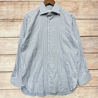 Camisa de Vestir Ermenegildo Zegna Para Hombres 39/15.5 Azul Marrón Multi Rayas Manga Larga Foto 1 de 4