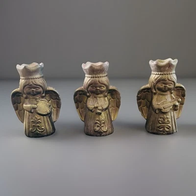 Set Of 3 Vtg Ceramic Gold Angel Votive Candle Holders Musical Instruments 6.5” - Image 1 of 4