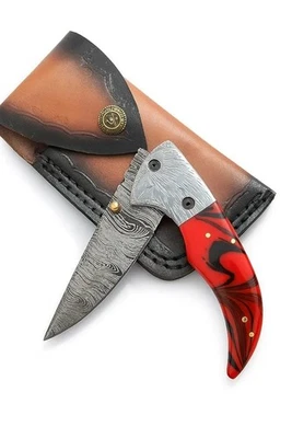 Cuchillo Plegable Hecho a Mano de Acero Damasco - Navaja de Bolsillo con Mango de Resina y Funda Foto 1 de 4