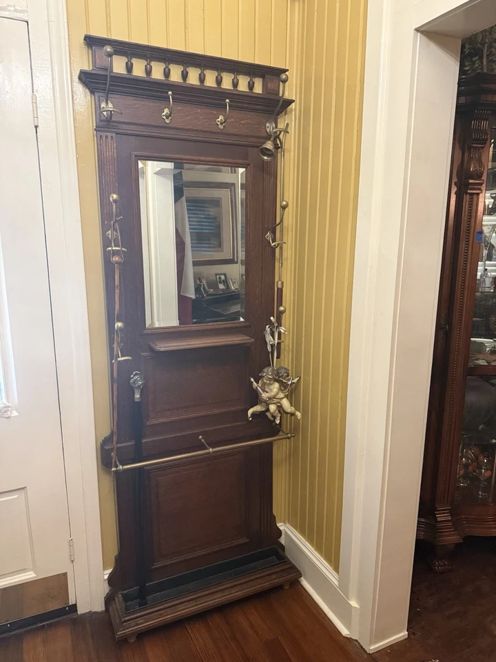 Antique Victorian Tiger Oak Hall Tree W/ Cast Iron Umbrella Holder - Image 1 of 3