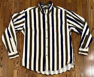 VTG Nautica Corduroy Button Down Shirt Navy Blue Green Cream Ivory Stripe Small - Picture 1 of 4