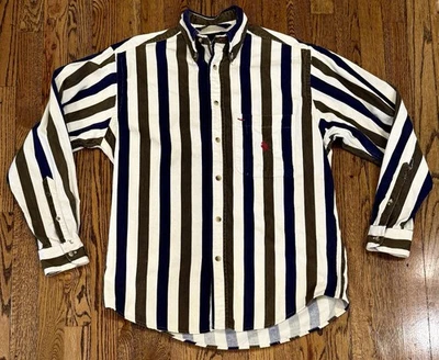 VTG Nautica Corduroy Button Down Shirt Navy Blue Green Cream Ivory Stripe Small - Image 1 of 4