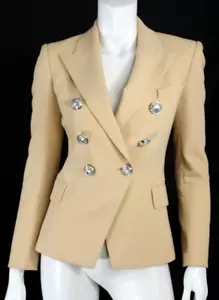 BALMAIN Warm Beige Wool Double-Breasted Logo Buttons Blazer Jacket 34 - Picture 1 of 7