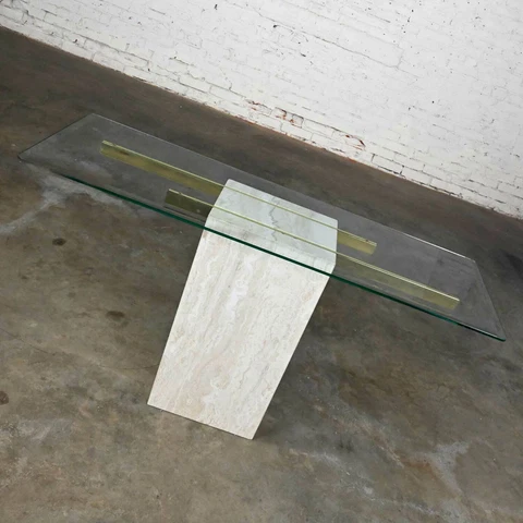 Modern Console Sofa Table Travertine & Brass Plate with Glass Top Style Artedi Cover
