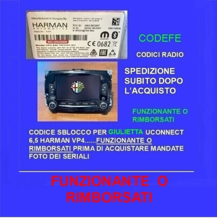 CODICE SBLOCCO RADIO AUTORADIO GIULIETTA UCONNECT 6,5 VP4 DO SUBITO IL CODE - Image 1 of 1