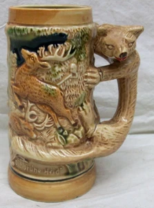 Taza vintage Beer Stein "The Hunter's Joy" con mango de zorro (6-3/4" de alto), Japón - Imagen 1 de 7