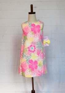 Tommy Bahama Tropical Floral Shift Dress & Hair Bow Set Girls 7 Pink Vacation - Picture 1 of 12