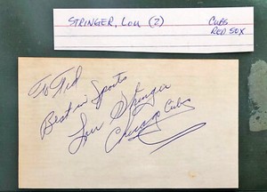 LOU STRINGER BASEBALL AUTOGRAPHED INDEX CARD  BOSTON RED SOX   CHICAGO CUB