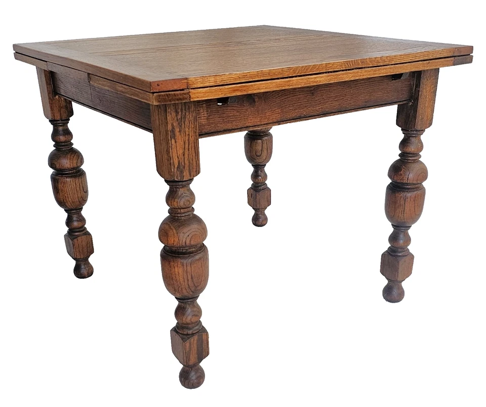 Antigua mesa de comedor inglesa jacobea cuarto de roble aserrado hojas con dibujo refectorio años 30 Foto 1 de 4