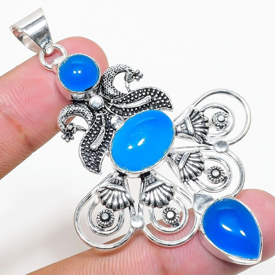 Blue Chalcedony Gemstone Handmade 925 Sterling Silver Jewelry Pendant Sz 2.5" - Image 1 of 1