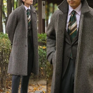 Men Tweed Coat Herringbone Tweed Blend Coat single breasted for Travel Business - Picture 1 of 11