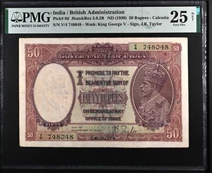 Government of India India 50 Rupees ND(1930) S/No V/4 748048 PMG 25 - Picture 1 of 3