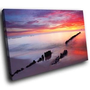 SC434 Purple Red Yellow Beach Sunset Nature Canvas Wall Art Large Picture Prints - Picture 1 of 6