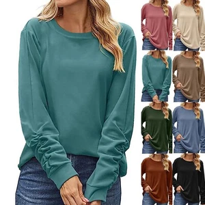 Women Long Sleeve Shirts Tunic Tops Solid Round Neck Casual Loose Blouse Shirts - Picture 1 of 48