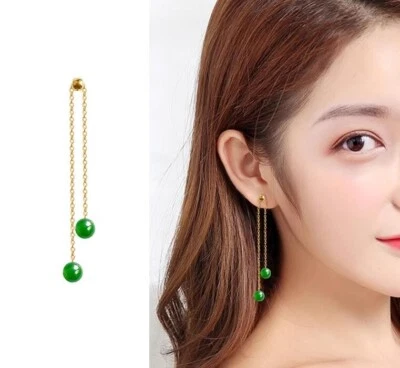 Lindos brincos pendurados de jade redondos verdes naturais reais AAA+ 8mm ouro 14k - Imagem 1 de 4