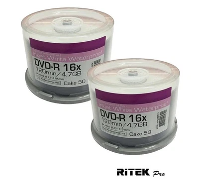 100 Ritek Pro Blank DVD-R 16x 4.7GB White ULTRA Gloss Waterproof Printable discs - Image 1 of 2