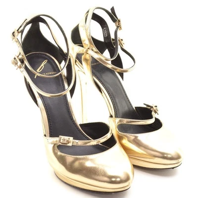 Womens Brian Atwood Fontenay Metal Ankle Wrap Pump 8.5 M Gold Leather Heel Shoes - Image 1 of 4