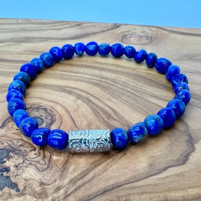 Sterling Silver Lapis Lazuli Beaded Bracelet – Magnetic Clasp - 6.5” - Image 1 of 4