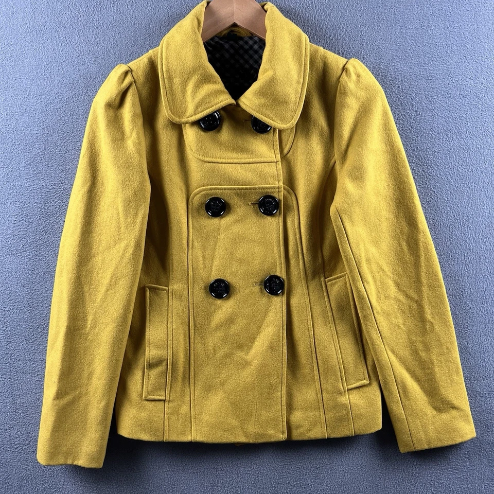 Abrigo de Colección Steve Madden Pequeño Amarillo Mostaza Lana Plisado Chaqueta de Montar Guisante Foto 1 de 4