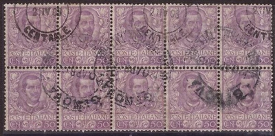 Italia Regno, 50 c. Floreale blocco di dieci usato (cert. Gazzi) -FZ59 - Immagine 1 di 4