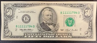1993 $50 DOLLAR BILL SN B 11111794 D RARE Ink Bleed Through Error With 5 Ones - Image 1 of 4