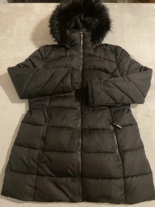 Guess Down Puffer Coat Womens XL Quilted Fur Trimmed Hood Full Zip Black - Picture 1 of 4