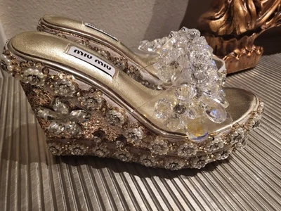 Designer Rhinestone Peep Toe Platform Wedges, Size 34  - Image 1 of 4