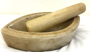 OLD TRIBAL INDIAN HANDMADE WHITE MARBLE MORTAR & PESTLE SPICE / MEDICAL KHARAL - Picture 1 of 16